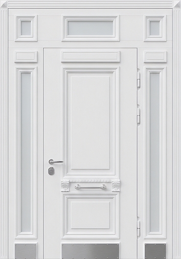 Парадная входная группа с терморазрывом, отбойниками, стеклами и белыми панелями МДФ RAL с багетом